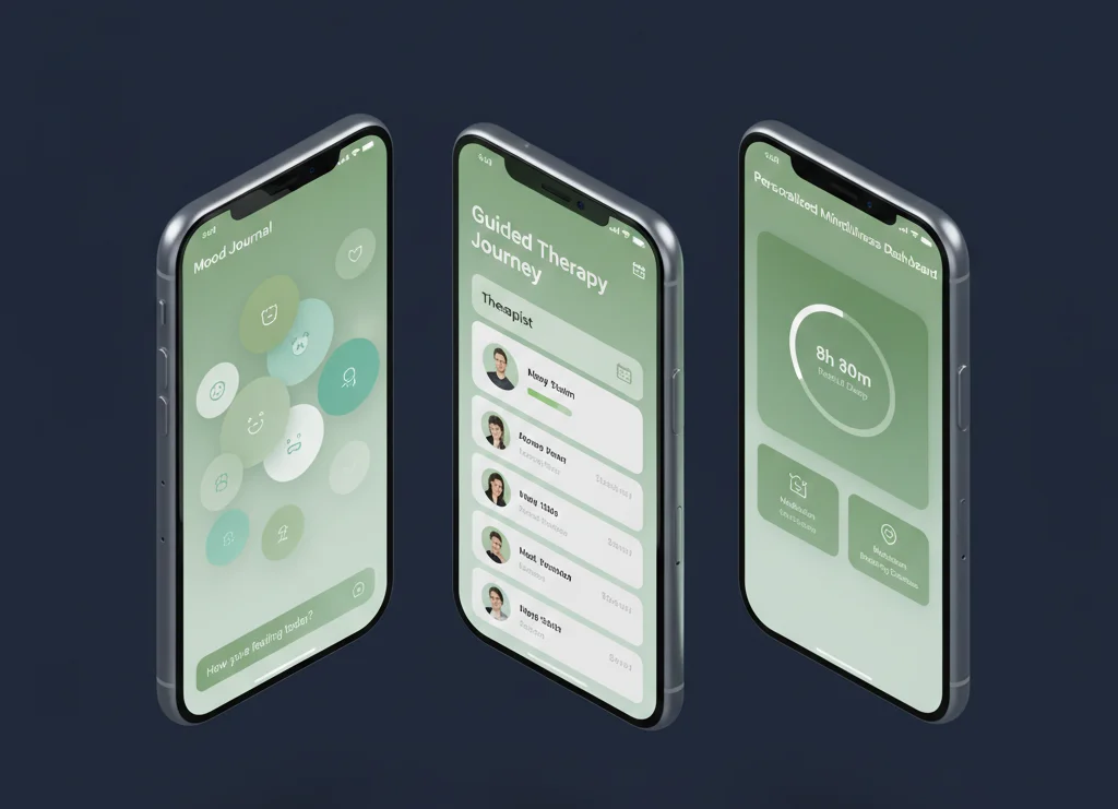 A 3D isometric view of three smartphone screens showing a redesigned mental health app interface with mood tracking, therapy sessions, and wellness dashboards