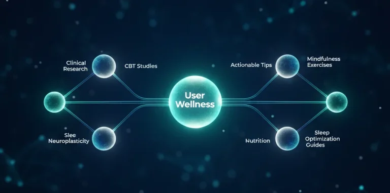 A 3D network visualization showing the connection between clinical data and user self-care modules.