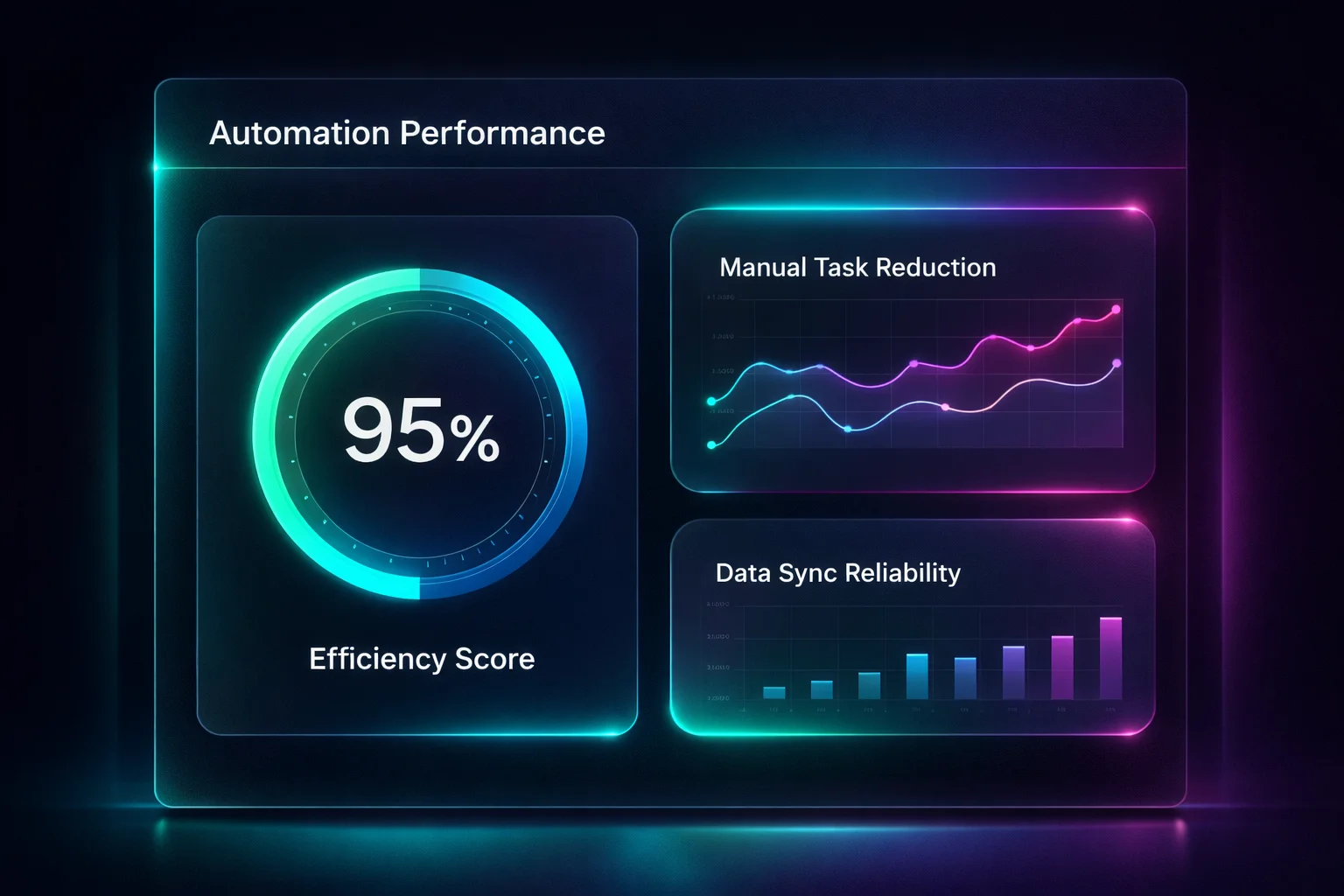 Futuristic dark-mode automation dashboard with a glowing 95% efficiency score gauge on the left and glassmorphism cards on the right displaying a multi-colored line graph for manual task reduction and a bar chart for data sync reliability, accented with teal and magenta highlights on a deep charcoal background.