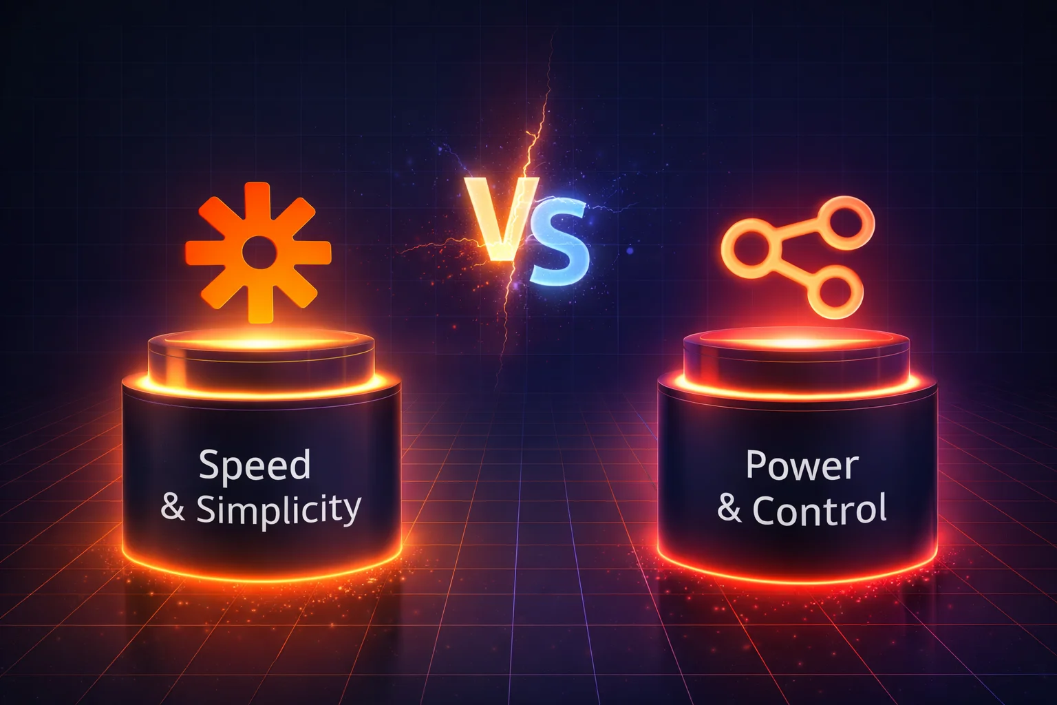 Professional 3D “versus” graphic showing two glowing pedestals against a dark blue grid background. On the left pedestal is the orange Zapier gear logo labeled “Speed & Simplicity.” On the right pedestal is the n8n logo labeled “Power & Control.” A bright, glowing “VS” symbol appears in the center, emphasizing comparison between the two automation platforms.