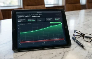 A hyper-realistic close-up of a tablet resting on a white marble boardroom table. The screen displays a "Corporate Treasury" dashboard featuring a financial graph. A flat red line at the bottom indicates low traditional bank interest, while a glowing green line for DeFi staking yield climbs steadily upward. A professional fountain pen and a pair of glasses are positioned neatly next to the tablet in a well-lit office setting.