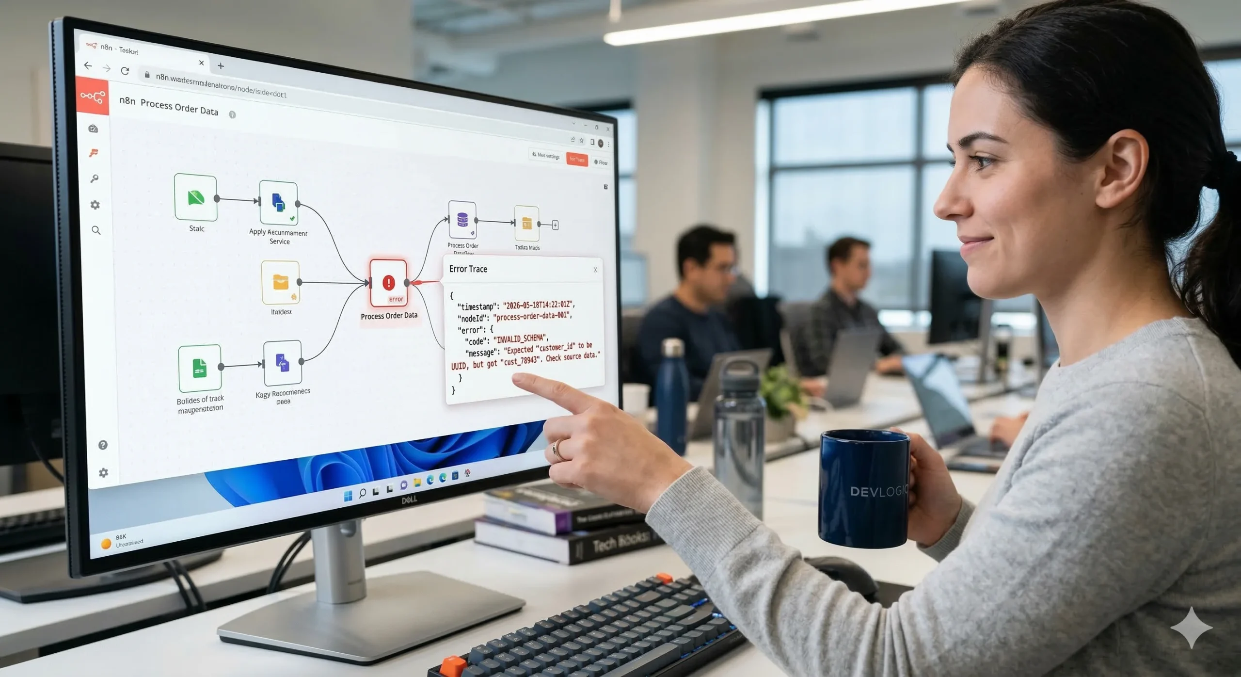 A realistic close-up photo of a clean, sophisticated 8k computer monitor in a developer's office. The screen displays an n8n node-based workflow with one node highlighted in red, indicating an error. An "Error Trace" window is open, showing precise JSON data for troubleshooting. A programmer, holding a coffee cup, points toward the screen with a calm, focused expression. The office lighting is soft and professional, capturing a workspace in 2026.