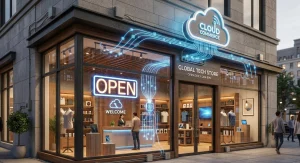 A realistic 3D render of a modern retail store at night with a glowing "Open" sign and digital blue light lines connecting the physical shop to a sleek cloud icon above, representing cloud computing for retail businesses.