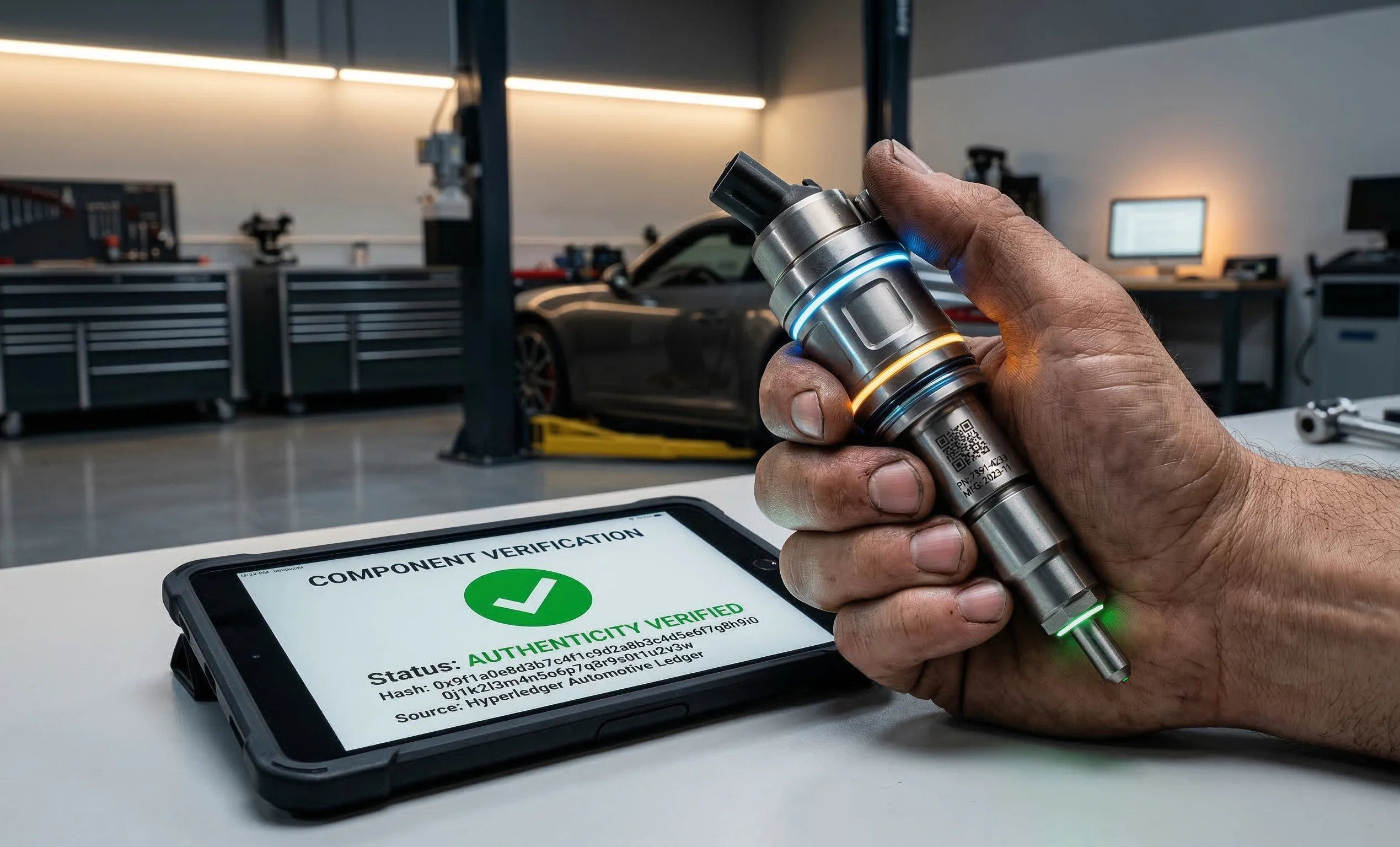 A realistic macro photograph taken in a modern automotive workshop, capturing a mechanic's hand holding a high-tech fuel injector. The injector features a laser-etched QR code and integrated blue, orange, and green LED lights, which illuminate the skin details. Next to the hand, a ruggedized tablet displays a clear "Authenticity Verified" status with a blockchain hash code and "Source: Hyperledger Automotive Ledger" confirmation. The background is a clean garage with tool cabinets, an automotive lift, a sports car, and a computer monitor, all with a cinematic shallow depth of field.