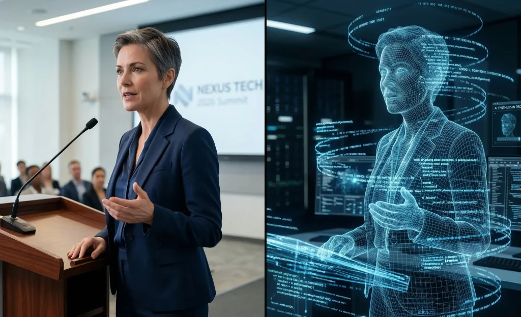 A split-screen image comparing a real-world scenario with a digital recreation. On the left, a professional female CEO in a navy suit speaks at a wooden podium during a bright, well-lit conference. On the right, her exact likeness is rendered as a glowing blue digital wireframe in a dark server room, surrounded by floating AI code and data streams, illustrating the creation of a high-fidelity synthetic clone.