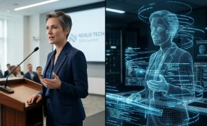 A split-screen image comparing a real-world scenario with a digital recreation. On the left, a professional female CEO in a navy suit speaks at a wooden podium during a bright, well-lit conference. On the right, her exact likeness is rendered as a glowing blue digital wireframe in a dark server room, surrounded by floating AI code and data streams, illustrating the creation of a high-fidelity synthetic clone.