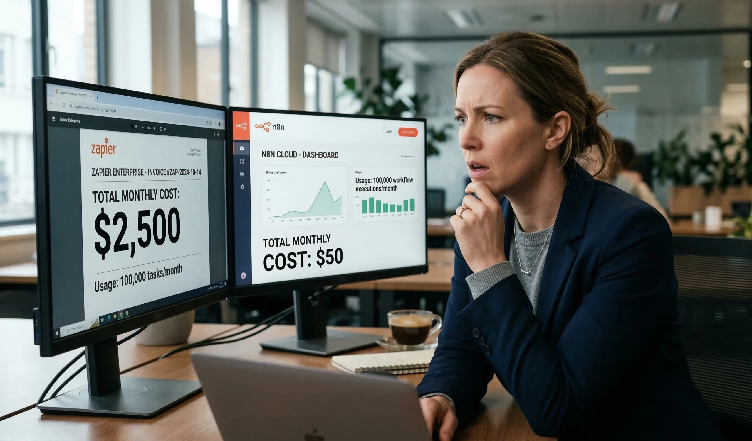 A hyper-realistic, high-contrast photo in a modern office. A professional woman looks at two side-by-side monitors with a shocked expression. The left screen shows a Zapier Enterprise invoice for $2,500 monthly, while the right screen displays an n8n Cloud dashboard with a $50 monthly total for the same 100,000 tasks. 8k resolution with cinematic lighting.