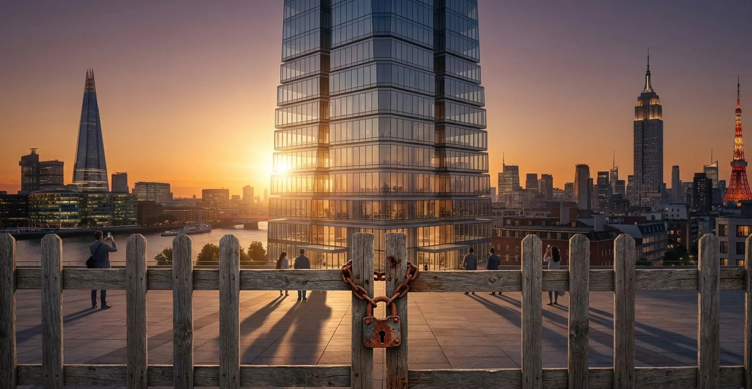 A professional architectural photograph of a modern glass apartment building at sunset. A weathered wooden fence with a rusted iron padlock sits in the foreground, symbolizing traditional barriers to entry that real estate tokenization aims to remove.