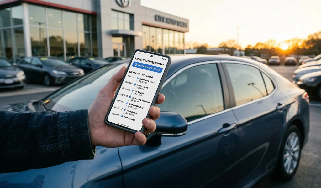 A close-up, first-person perspective of a hand holding a modern smartphone in a car dealership parking lot at sunset. The phone screen displays a "Vehicle History Report" with a "Blockchain Verified" badge and a detailed vertical timeline of service records like oil changes and inspections. In the soft-focus background, a blue sedan and several other cars are parked in front of a contemporary dealership building under a warm, orange-hued sky.