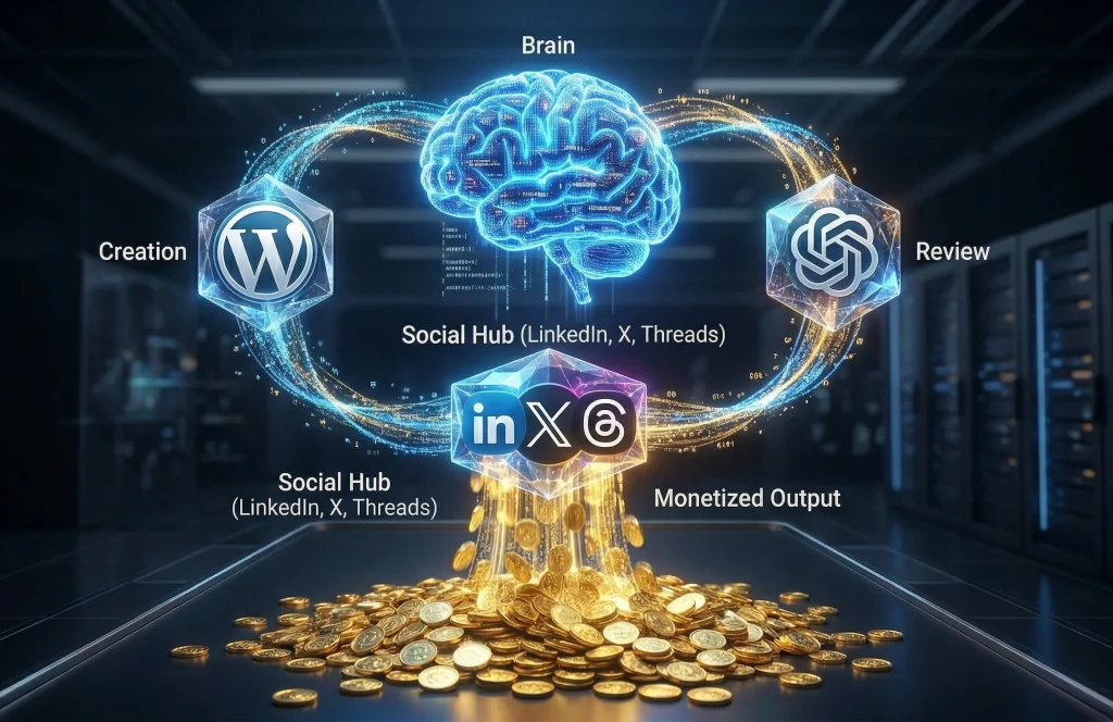 A 3D render of a futuristic data center with a central glowing brain hologram, labeled "Brain", linked to various nodes. To the left is a node with the WordPress logo labeled "Creation". To the right is a node with the OpenAI logo labeled "Review". At the bottom, a central social hub node with the LinkedIn, X, and Threads logos is labeled "Social Hub (LinkedIn, X, Threads)", illustrating a automated content flow managed by Zapier. A waterfall of golden coins pours from the bottom, labeled "Monetized Output", onto a pile of gold coins on the floor.