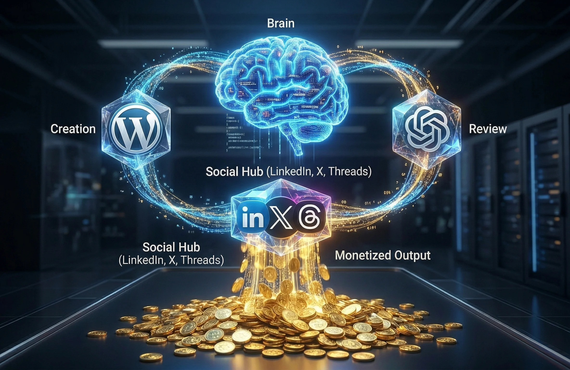 A 3D render of a futuristic data center with a central glowing brain hologram, labeled "Brain", linked to various nodes. To the left is a node with the WordPress logo labeled "Creation". To the right is a node with the OpenAI logo labeled "Review". At the bottom, a central social hub node with the LinkedIn, X, and Threads logos is labeled "Social Hub (LinkedIn, X, Threads)", illustrating a automated content flow managed by Zapier. A waterfall of golden coins pours from the bottom, labeled "Monetized Output", onto a pile of gold coins on the floor.