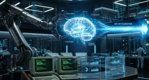 A high-contrast, cinematic image of a futuristic control hub where a brushed-chrome robotic arm (labeled "RPA") and a glowing beam of blue light (labeled "API Integration") converge on a central, glowing holographic brain. In the foreground, vintage 1990s green-screen computer terminals are visually deconstructing and transforming into sleek, minimalist glass displays, symbolizing the transition from legacy systems to advanced AI-driven technology.