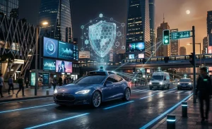A dynamic nighttime photograph of a blue autonomous Tesla Model S driving through a modern smart city intersection. The car is connected by a network of glowing geometric lines to nearby vehicles and a smart traffic light. Above the vehicle, a large, translucent 3D holographic shield composed of hexagonal digital patterns symbolizes a blockchain security layer. The city background features illuminated skyscrapers, a train on an elevated track, and people walking on the sidewalk, set against a warm dusk sky.