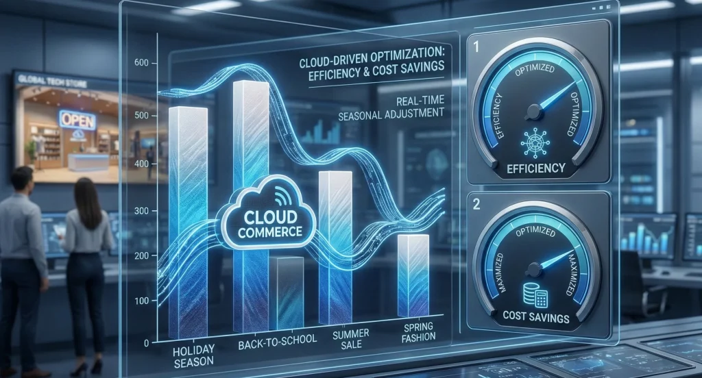 A professional 3D render of a digital data dashboard featuring a bar graph with shopping seasons like "Holiday Season" and "Back-to-School." A glowing blue cloud line tracks the data perfectly, symbolizing efficiency and cost savings through cloud commerce analytics.