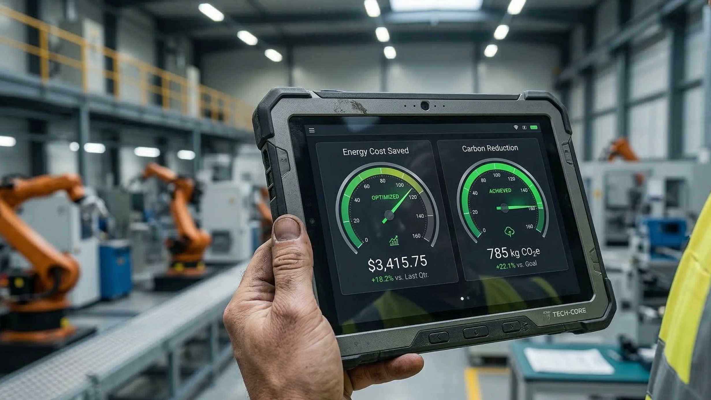 A close-up photograph focuses on a rugged industrial tablet held by a factory worker wearing a safety vest. The tablet screen displays a 'GreenOps for Manufacturing' dashboard with two side-by-side circular gauges. The left gauge, titled "Energy Cost Saved," is in the green and shows a specific dollar value, while the right gauge, titled "Carbon Reduction," is also in the green with a specific weight value, both indicating optimized performance. In the background, a modern factory floor with multiple robotic arms on a production line is softly blurred.