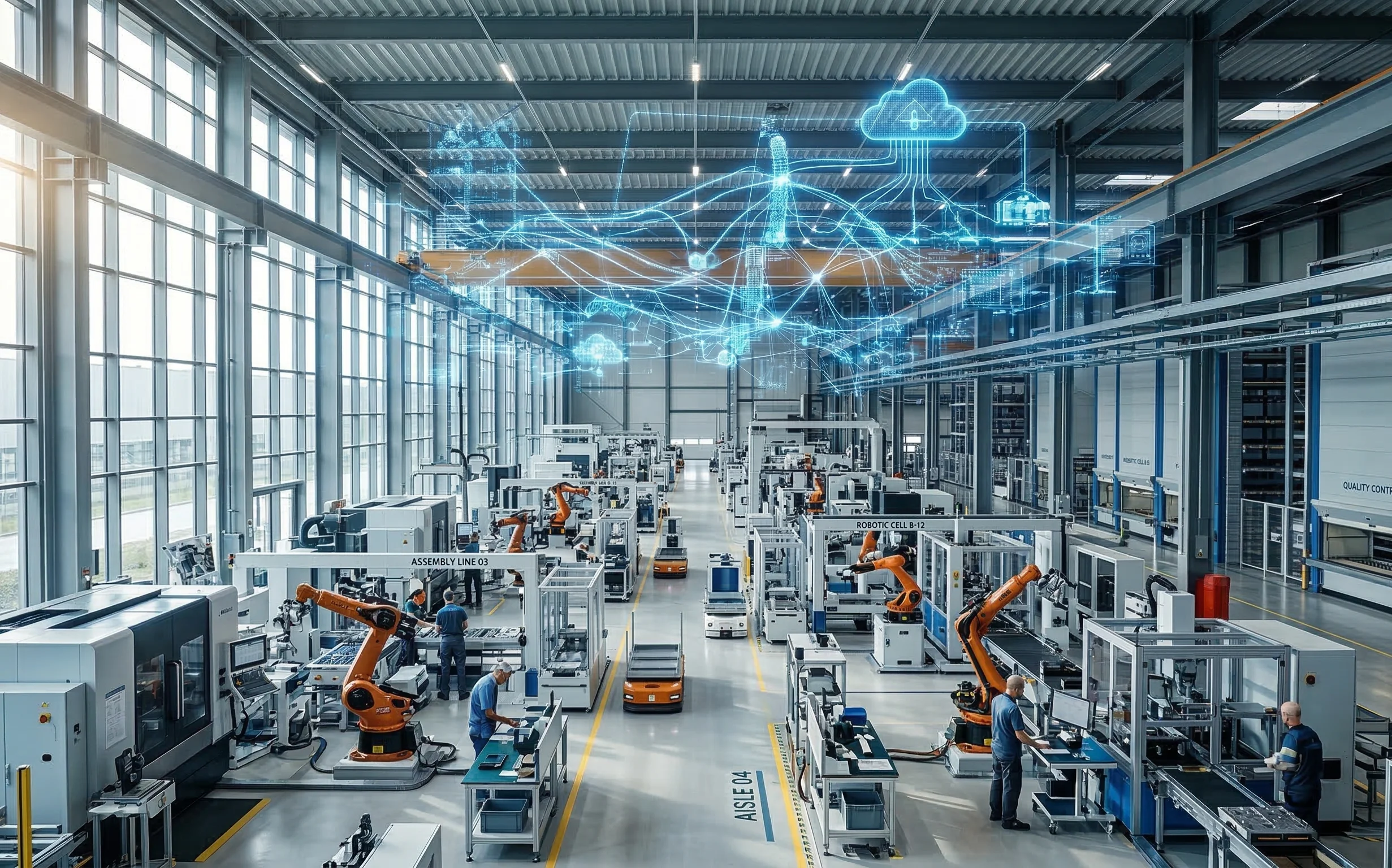 A hyper-realistic wide shot of a bright, modern 2026 high-tech factory floor. Orange robotic arms and technicians work alongside organized assembly lines under natural morning light from large windows. Above the machinery, a glowing, semi-transparent blue digital network resembling a "nervous system" floats, symbolizing cloud connectivity and industrial IoT.