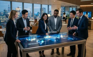 A realistic photo of a diverse group of finance professionals in a modern corporate office, gathered around a large digital touch-screen table. The screen displays a glowing global map with pulses of light connecting continents, labeled with terms like "Instant Settlement," "Verified Yield," and "Global Liquidity." The setting features cinematic lighting and a professional, high-end atmosphere with a city skyline visible through large windows.
