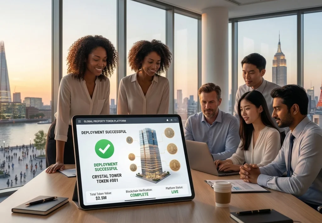 A diverse professional team gathers in a bright, modern conference room with floor-to-ceiling windows overlooking a city skyline. They are looking at a large tablet on the table that displays a "Deployment Successful" message with a green checkmark next to a 3D building model for "Crystal Tower Token #001," signifying a completed real estate tokenization process.