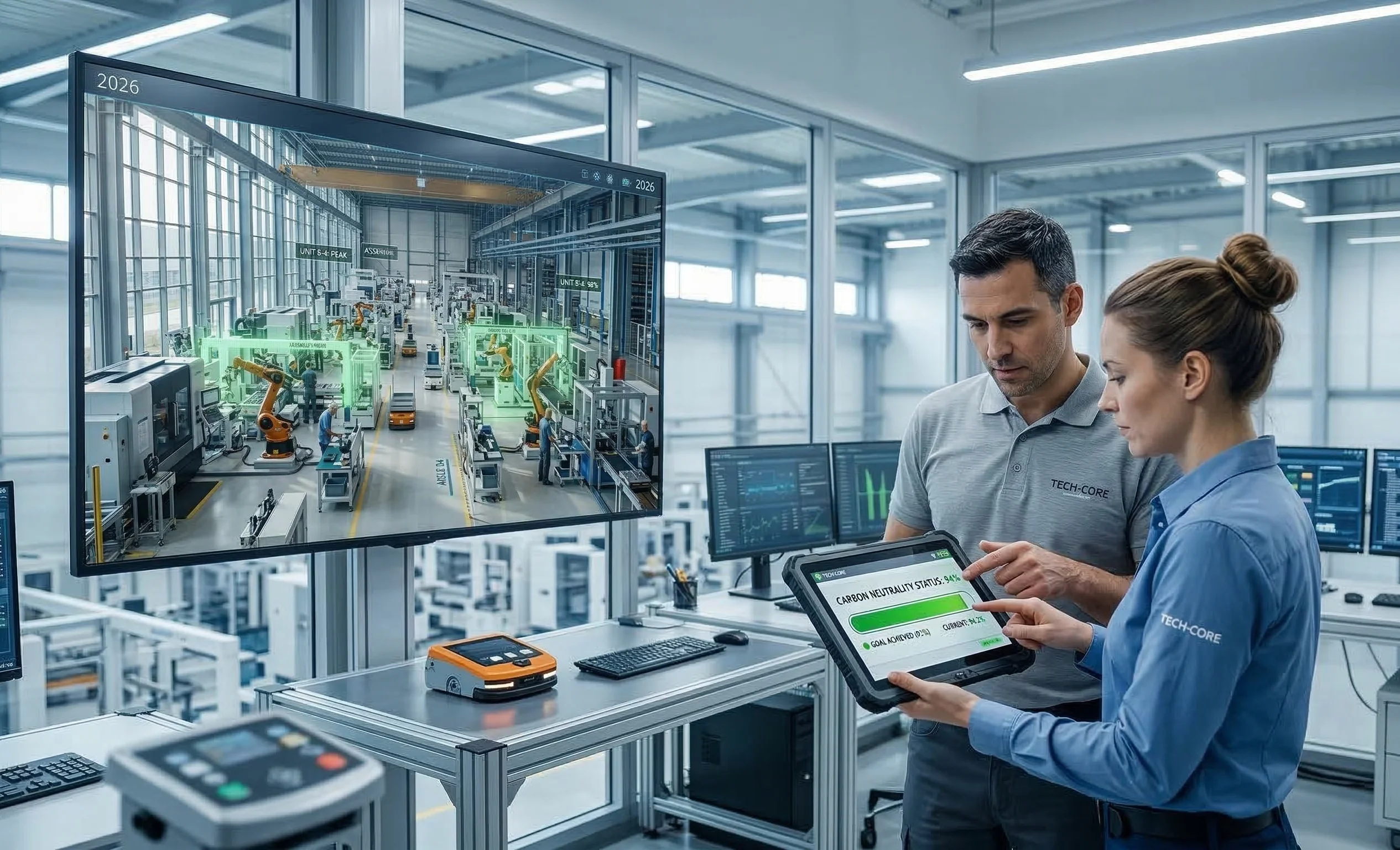 A professional, wide-angle photograph of a bright and modern factory control room. In the foreground, two engineers in branded polos review a rugged tablet displaying a nearly full green "Carbon Neutrality Status" progress bar. A large wall-mounted monitor behind them displays a 3D digital twin of the factory floor, with specific machinery highlighted in glowing green to indicate peak operational efficiency. The background features a clean, high-tech environment with glass partitions and additional monitoring stations.