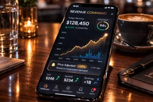 Close-up of a high-end smartphone on a wooden restaurant table displaying a live hotel “Revenue Command” dashboard with an upward revenue graph and a notification that pricing increased by 12% based on local event demand, illuminated by warm café lighting.