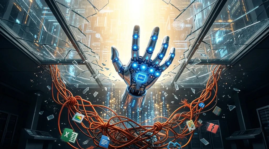 A dramatic, low-angle cinematic photograph inside a dimly lit data center where a massive chrome robotic hand, with blue-glowing data nodes on its knuckles (representing n8n logic), breaks through a cracked glass ceiling. Shards of glass fall as bright golden-white light from above illuminates organized digital architecture and data streams. Below, a chaotic tangle of thick orange "no-code spaghetti" wires, wrapped around fragmented app icons like Excel and rigid software symbols, dissolves and turns into organized blue light particles flowing towards the hand. The server racks are visible in the background, contrasting with the radiant power breaking the ceiling.