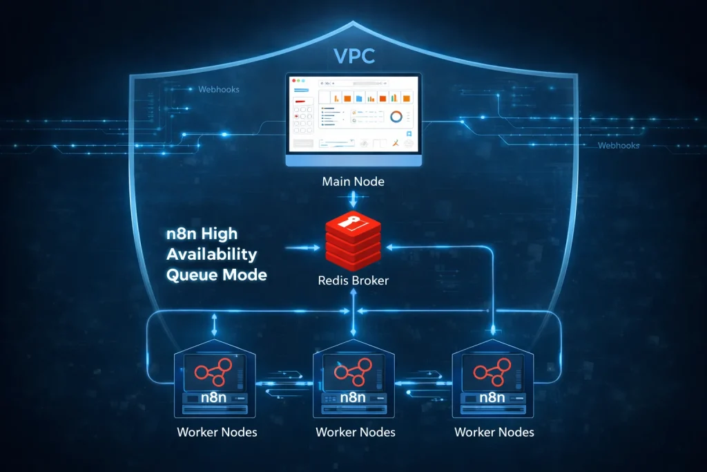 A professional technology architecture diagram showing an n8n high availability queue setup, with a central Redis broker connected to multiple worker nodes, a main node dashboard above, all enclosed within a secure VPC shield and linked by glowing data flow lines.