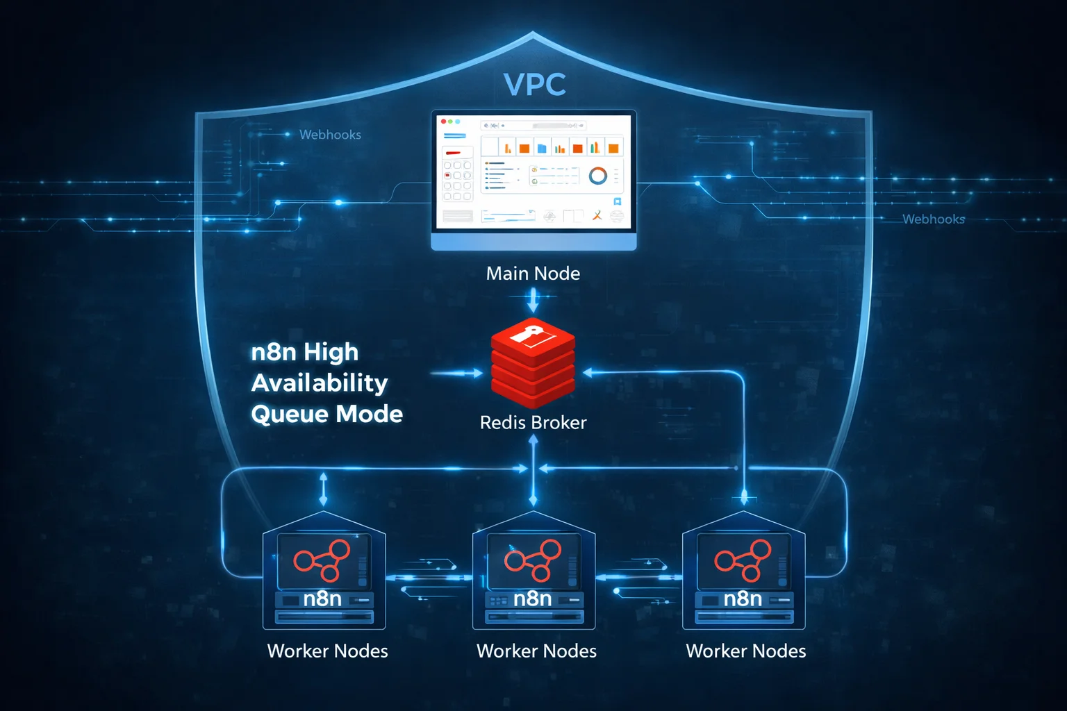 A professional technology architecture diagram showing an n8n high availability queue setup, with a central Redis broker connected to multiple worker nodes, a main node dashboard above, all enclosed within a secure VPC shield and linked by glowing data flow lines.