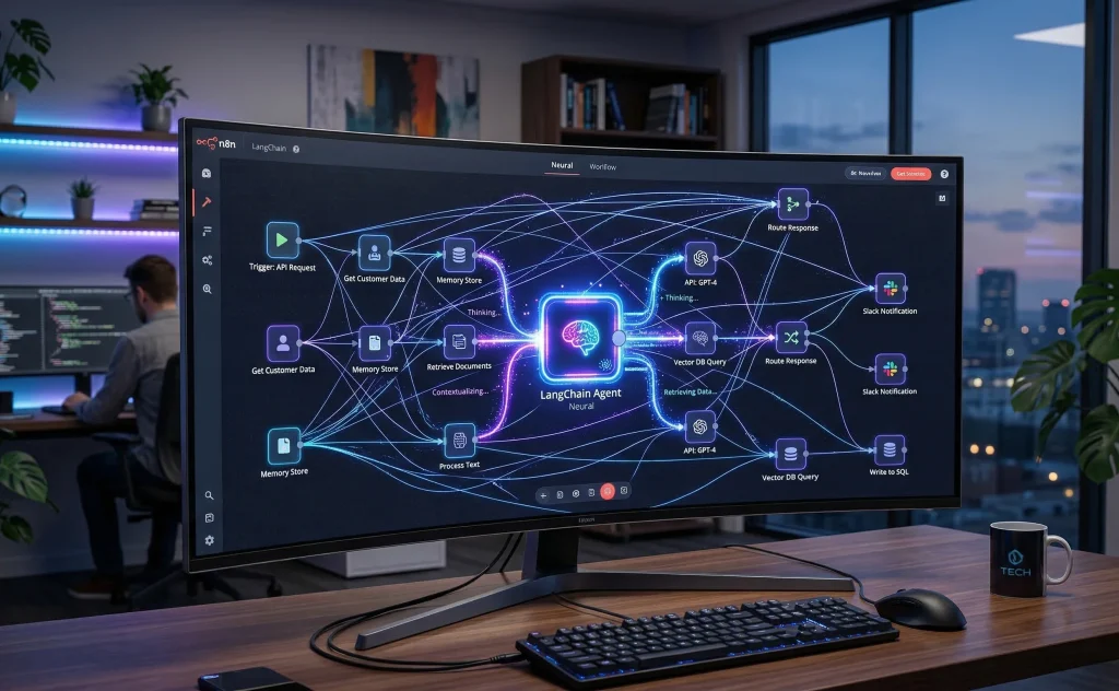 A hyper-realistic photograph of a professional developer working in a modern office, focused on a large curved monitor displaying a complex n8n automation canvas. The n8n workflow is a intricate web of glowing blue and purple data paths and connections, non-linearly linking dozens of "Neural" nodes (marked by small brain icons). A highlighted node labeled "LangChain Agent" sits in the center, showing an animated brain with active thought patterns and particles, indicating intense thinking. Nodes represent triggers like "Webhooks" and actions like "Process Text," "Vector DB Query," "Slack Notification," and "Get Customer Data." The background features a clean workspace, a keyboard, mouse, a coffee mug, bookshelves with led strips, and a city view at dusk. The monitor shows a detailed n8n interface with navigation sidebars, indicating a functioning application.