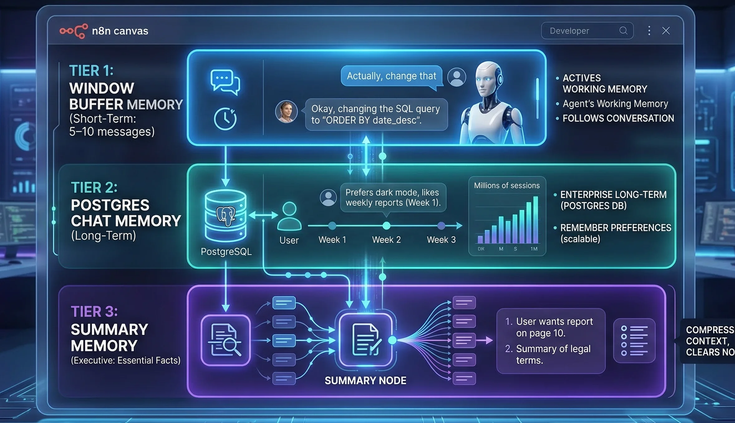 A high-tech infographic on a glowing n8n canvas titled "n8n's Solution: The Multi-Layered Memory System." It features three stacked tiers: Tier 1 (Short-Term) shows a chat interface for window buffer memory; Tier 2 (Long-Term) displays a PostgreSQL database for multi-session user preferences; and Tier 3 (Executive) shows a "Summary Node" condensing complex data. The design uses neon blue and purple lighting in a futuristic 2026 developer setting.