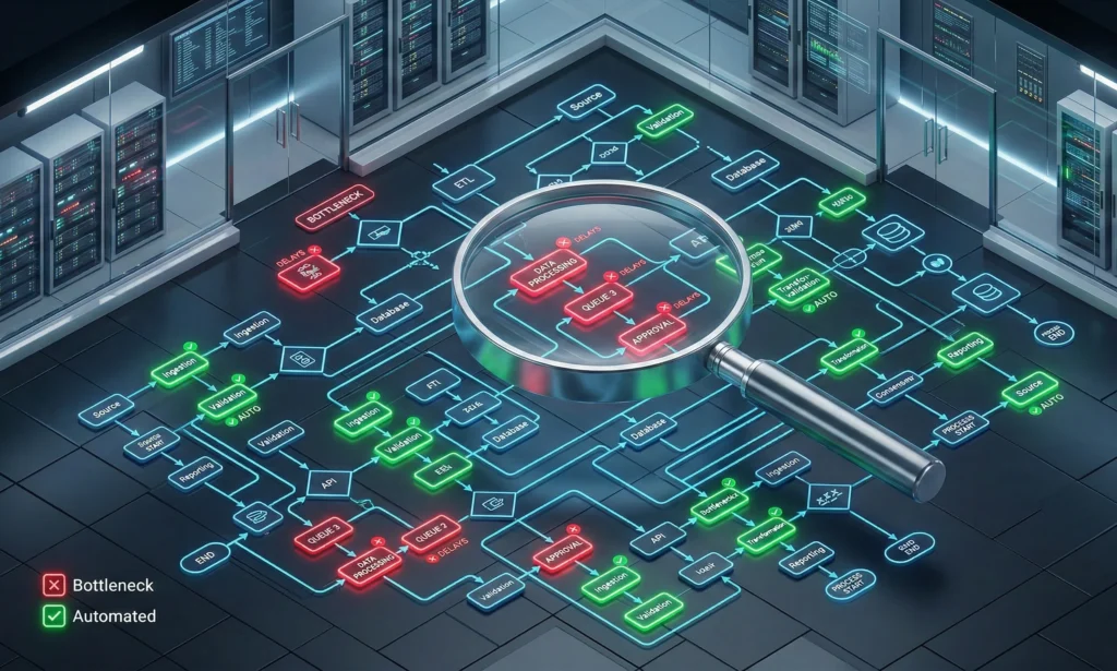 A professional 3D isometric view of a high-tech server room floor. A large, metallic magnifying glass hovers over a complex digital flowchart projected onto the floor. The flowchart consists of glowing lines and nodes; several nodes are highlighted in bright red with "Bottleneck" labels, while others glow vibrant green with "Automated" labels. A legend in the bottom left corner clarifies the color-coding, creating a clean, analytical, and strategic aesthetic.