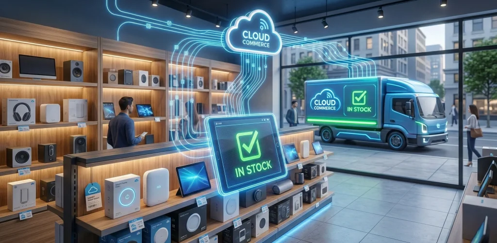 A high-resolution, detailed 3D professional render of a modern retail store aisle stocked with electronics. A digital tablet floats in front of a shelf, displaying a prominent green "In Stock" icon with a checkmark. Glowing blue data pathways connect the floating tablet to a larger, central "Cloud Commerce" icon above and extend outwards towards a delivery truck visible outside the window, which features a matching green "IN STOCK" checkmark symbol and livery, representing efficient, high-tech stock management.