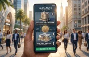 A hand with a dark complexion holds up a smartphone displaying a "Crystal Tower Portfolio" real estate app on its screen. The phone is in focus, while the background is a beautifully blurred urban scene featuring landmarks like the Empire State Building and a modern building, with a crowd of people walking on a street, capturing a global city atmosphere.