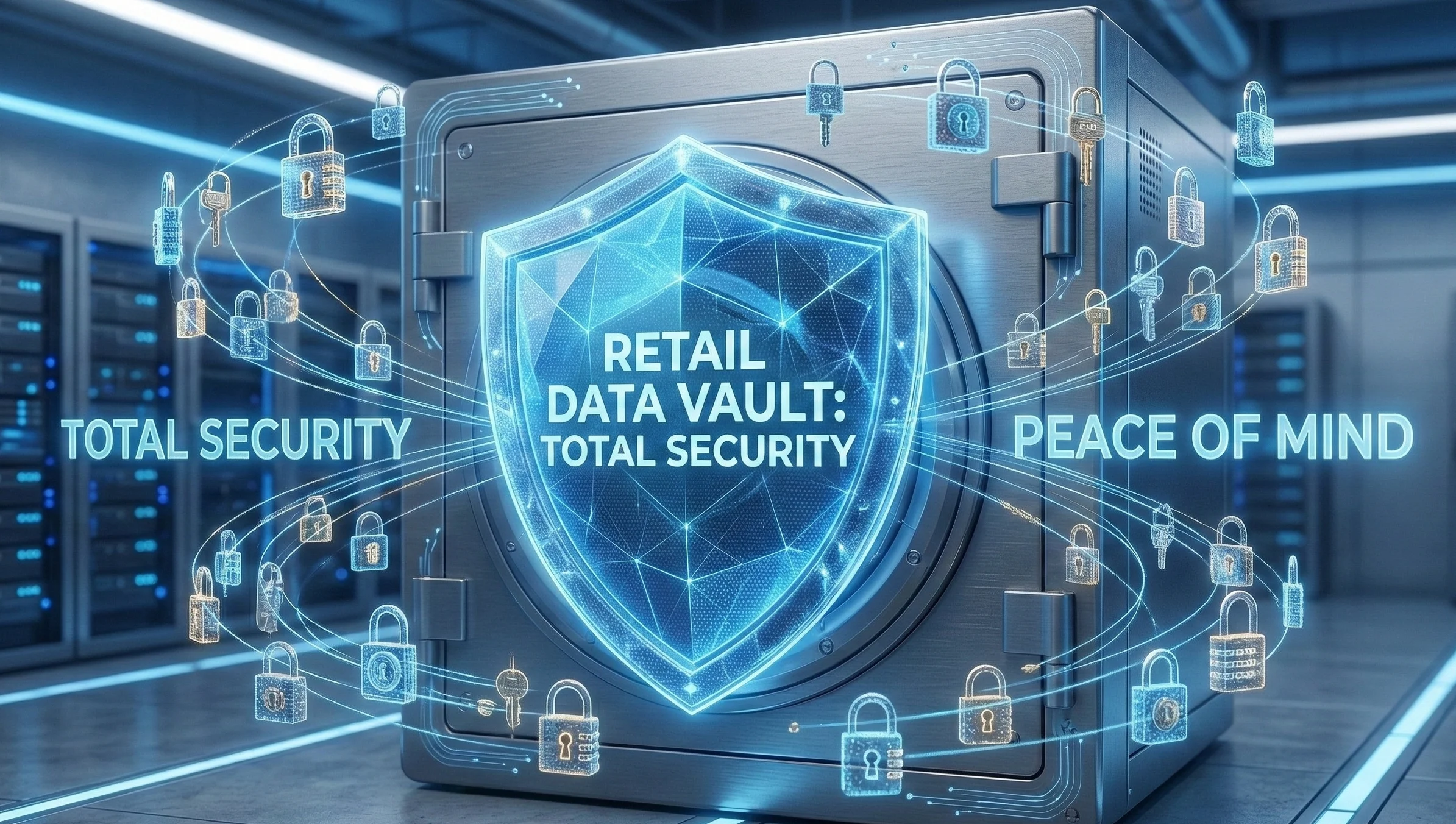 A professional 3D visual of a large, metallic digital vault in a server room. A glowing blue holographic shield protects the vault, featuring the text "RETAIL DATA VAULT: TOTAL SECURITY." Tiny, shimmering digital padlocks float in an orbital path around the shield, symbolizing total security and peace of mind for retail data.