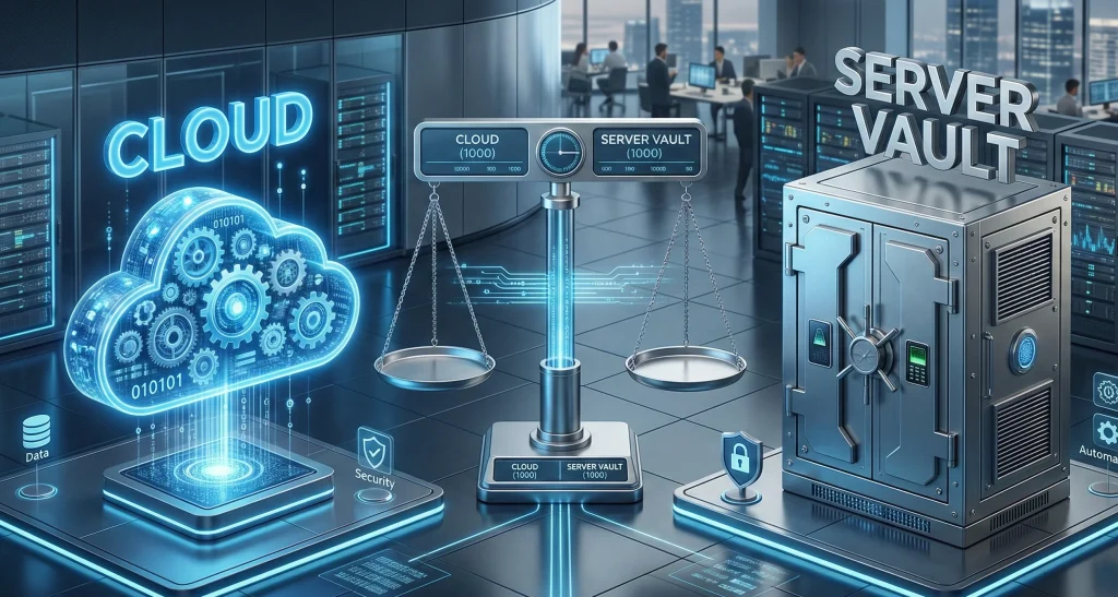 A high-tech 3D comparison visual set in a modern data center. On the left, a glowing blue holographic cloud filled with rotating digital gears represents "Cloud" services. On the right, a heavy, brushed-metal "Server Vault" with a secure locking mechanism represents on-premise security. In the center, a sleek digital scale is perfectly balanced between the two, symbolizing a harmonious hybrid infrastructure. The scene uses a professional palette of deep blues, silver, and slate grey.