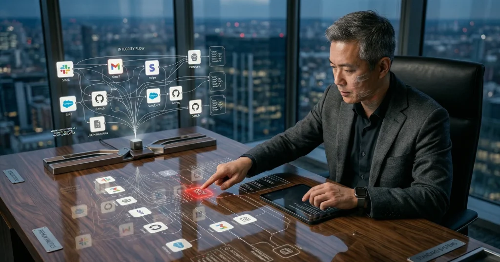 A high-end photograph of a male analyst in a charcoal blazer auditing a sprawling complex automation map on a polished wood desk at night, pointing out a fragile red node.