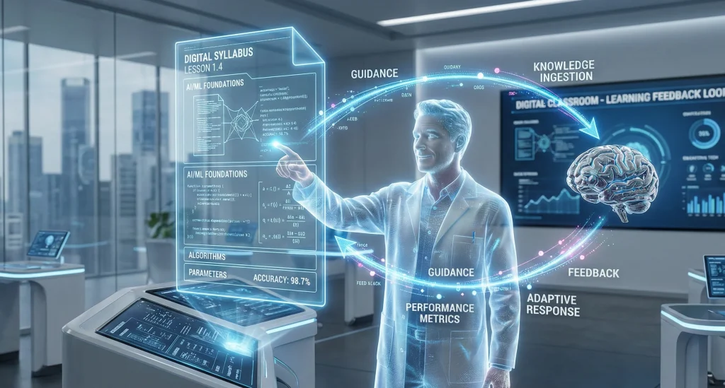 A clean, futuristic 3D visual of a "Digital Classroom" inside a high-end office with city views. A translucent, glowing blue human figure stands at a console, pointing toward a floating holographic document titled "Digital Syllabus." To the right, a glowing robotic brain icon receives information. Circular lines of light and data particles labeled "Guidance," "Feedback," and "Adaptive Response" flow between the human and the robotic brain, illustrating a continuous learning feedback loop between human intelligence and AI.