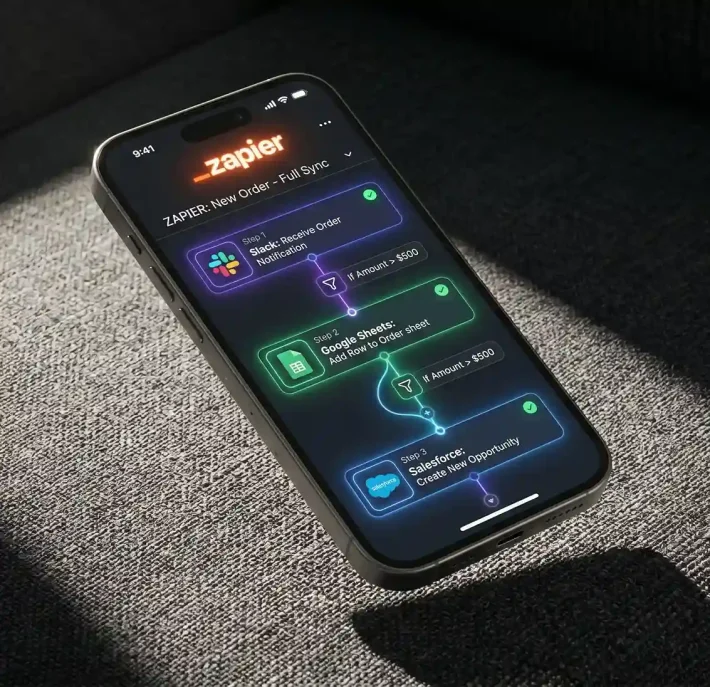 Three overlapping iPhones on a dark background. Screens display notifications for a "High-Value Lead Captured," a workflow execution log, and an "Automation Paused" safety override.