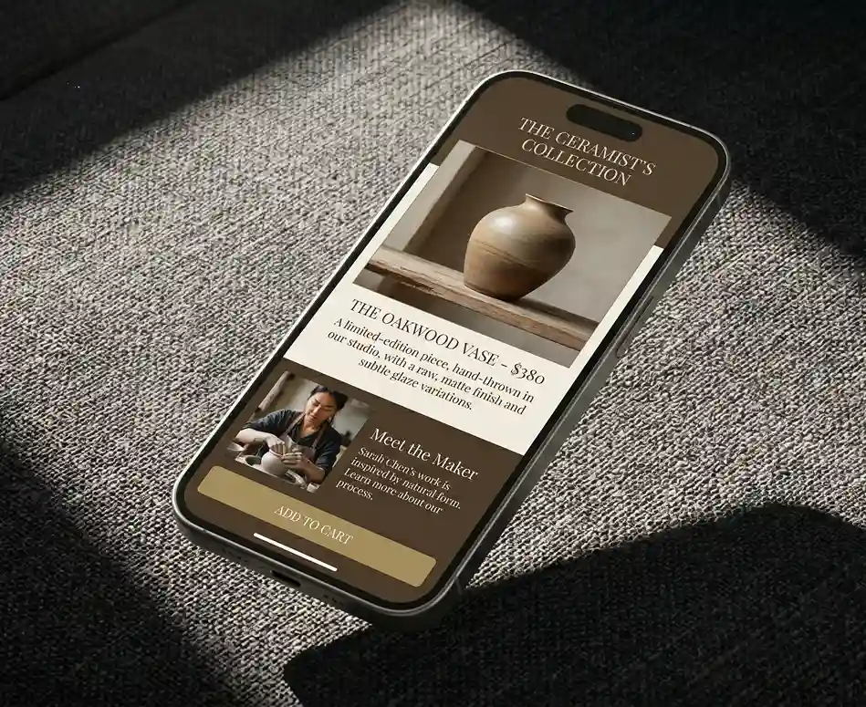 A floating smartphone over dark charcoal fabric with dramatic lighting. The screen shows a high-end product page for a handmade ceramic vase with elegant serif typography and a "Meet the Maker" section.