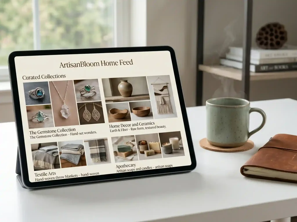 A space grey tablet on a white desk next to a ceramic mug and notebook. The screen displays the ArtisanBloom Home Feed featuring a curated grid of artisanal jewelry and home decor.
