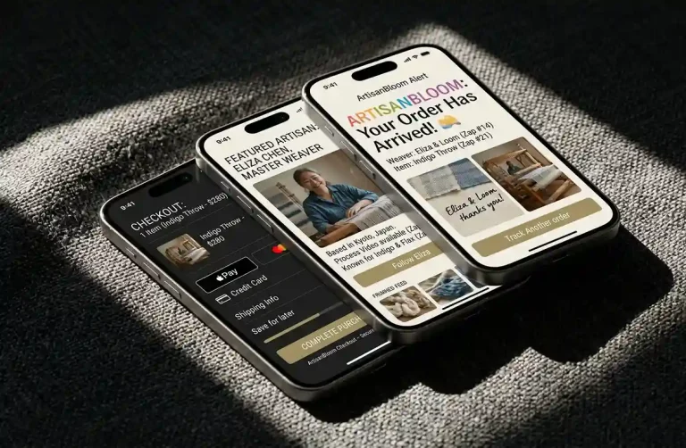 Three overlapping space grey iPhones on charcoal fabric. Screens show a featured artisan profile, a minimalist Apple Pay checkout, and an "Order Delivered" notification with a thank-you note.