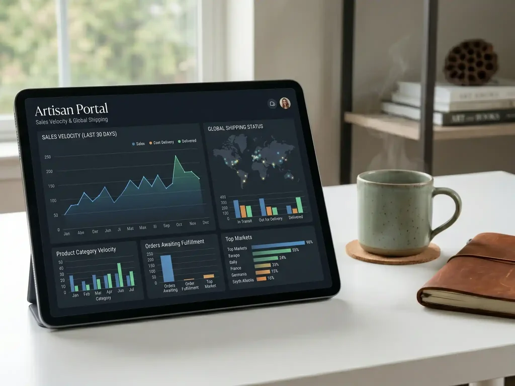 The same tablet setup showing the Artisan Portal dashboard with minimalist line charts for sales velocity and a world map for global shipping status.
