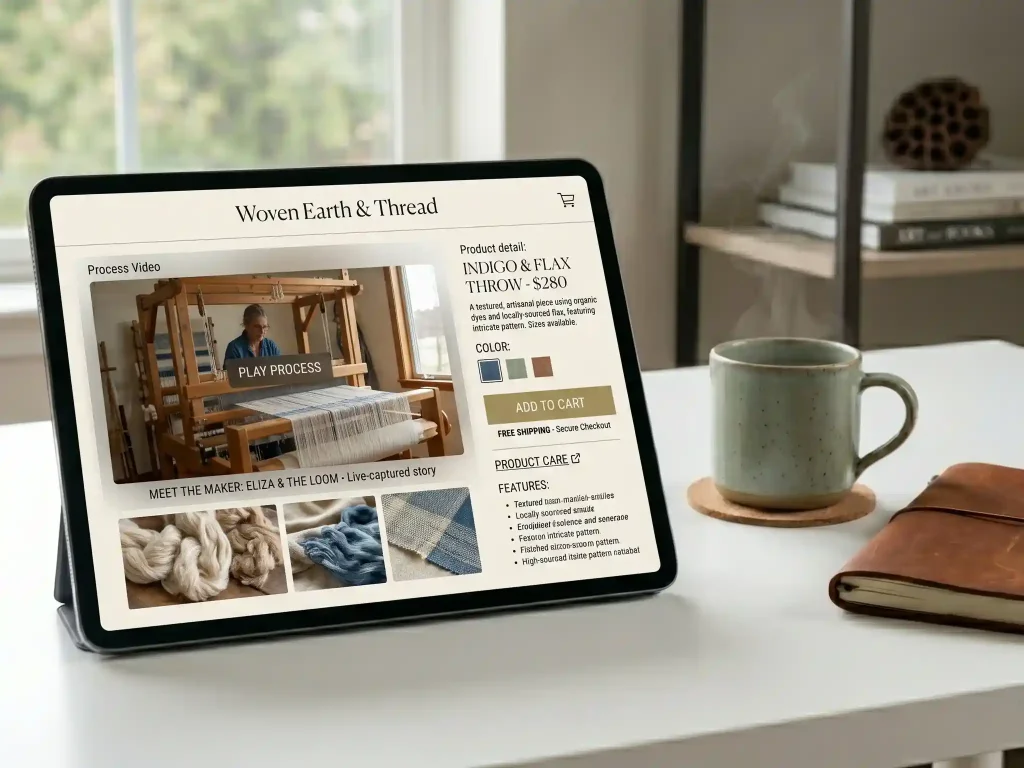 The same tablet setup displaying a product detail page for a woven throw, featuring a large process video of a weaver at work and an elegant "Add to Cart" layout.