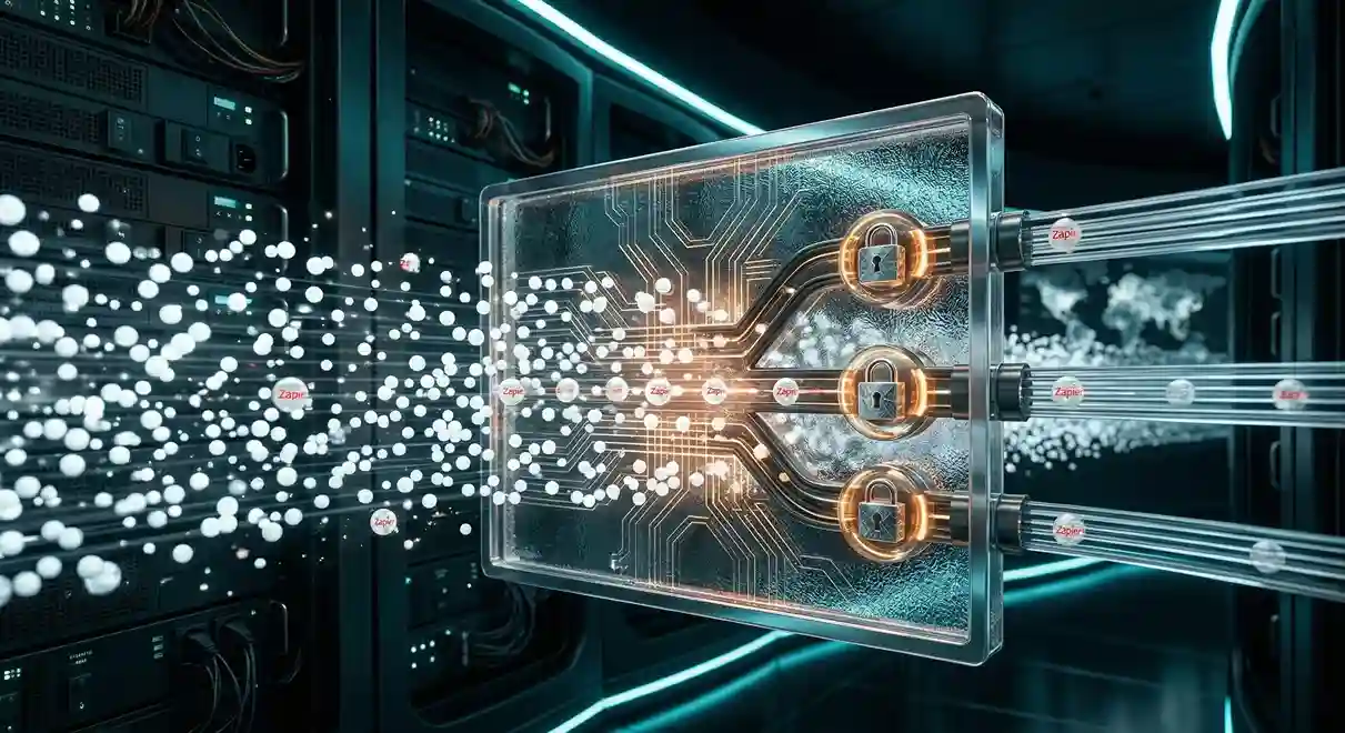 A cinematic 3D render of a digital filter in a server room, showing streams of data passing through glass while sensitive information is caught and converted into secure lock icons.