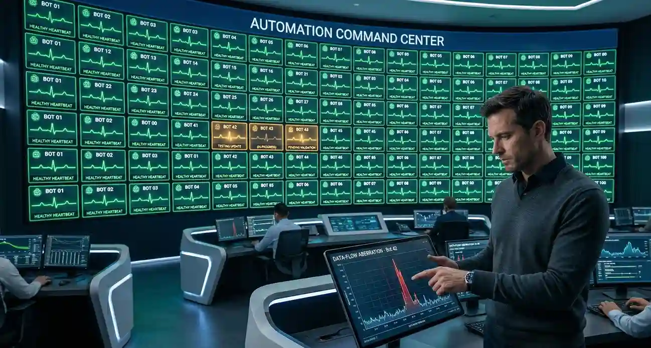 A cinematic photograph of a modern Automation Command Center featuring a massive digital wall with green heartbeat monitors representing live bots. A professional male architect in a grey sweater points at a data-flow spike on a glass tablet, with a few monitors pulsing amber for testing updates.