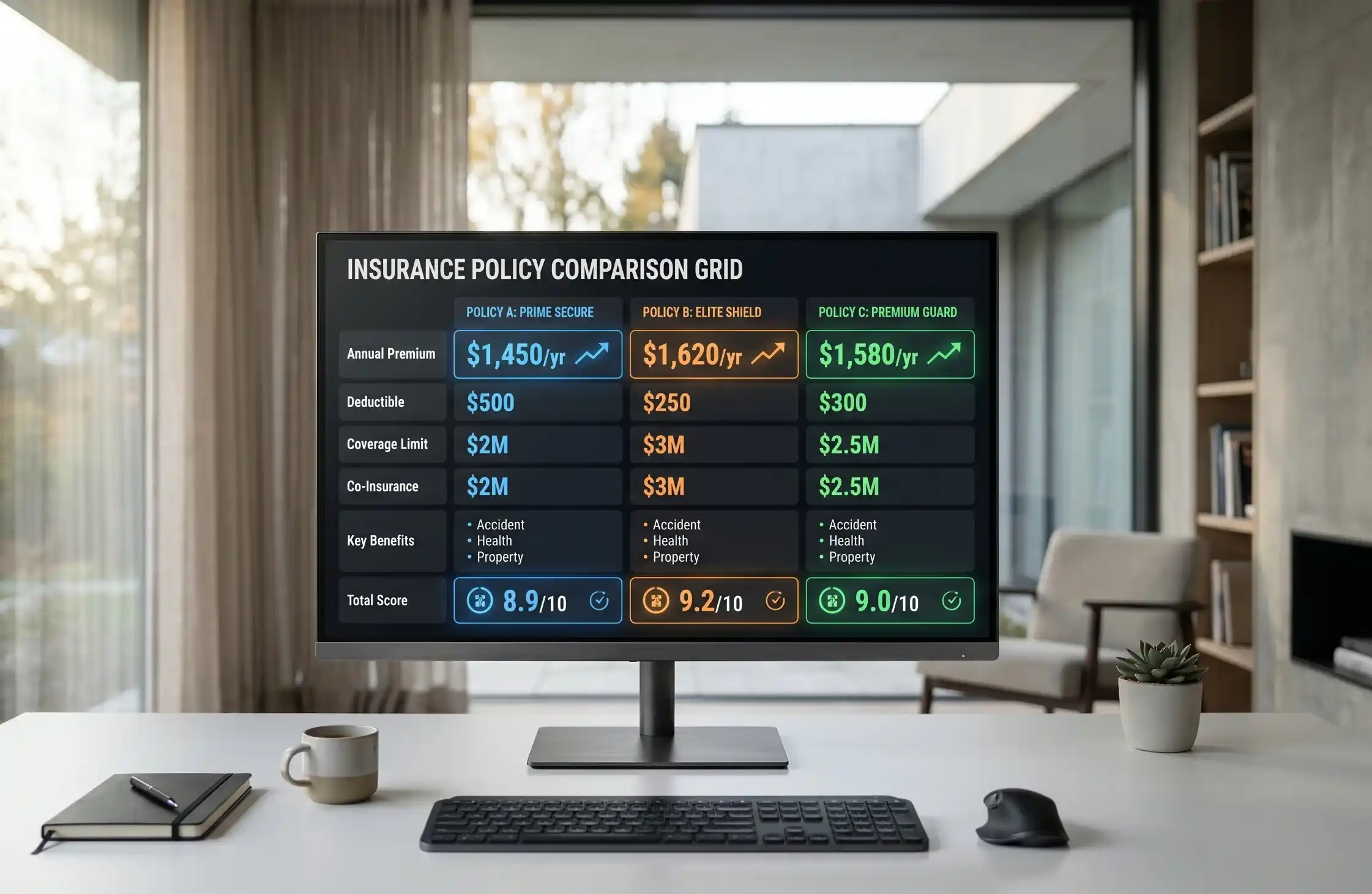 A high-end, cinematic hero shot of a sleek, ultra-thin desktop monitor on a minimalist white desk. The screen displays a dark-mode "Insurance Policy Comparison Grid" with glowing side-by-side metrics and price data under soft morning light.