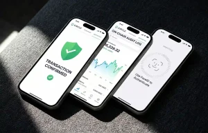 Three space grey iPhones overlapping on a charcoal fabric background, showing transaction confirmation, balance graphs, and FaceID authentication screens.