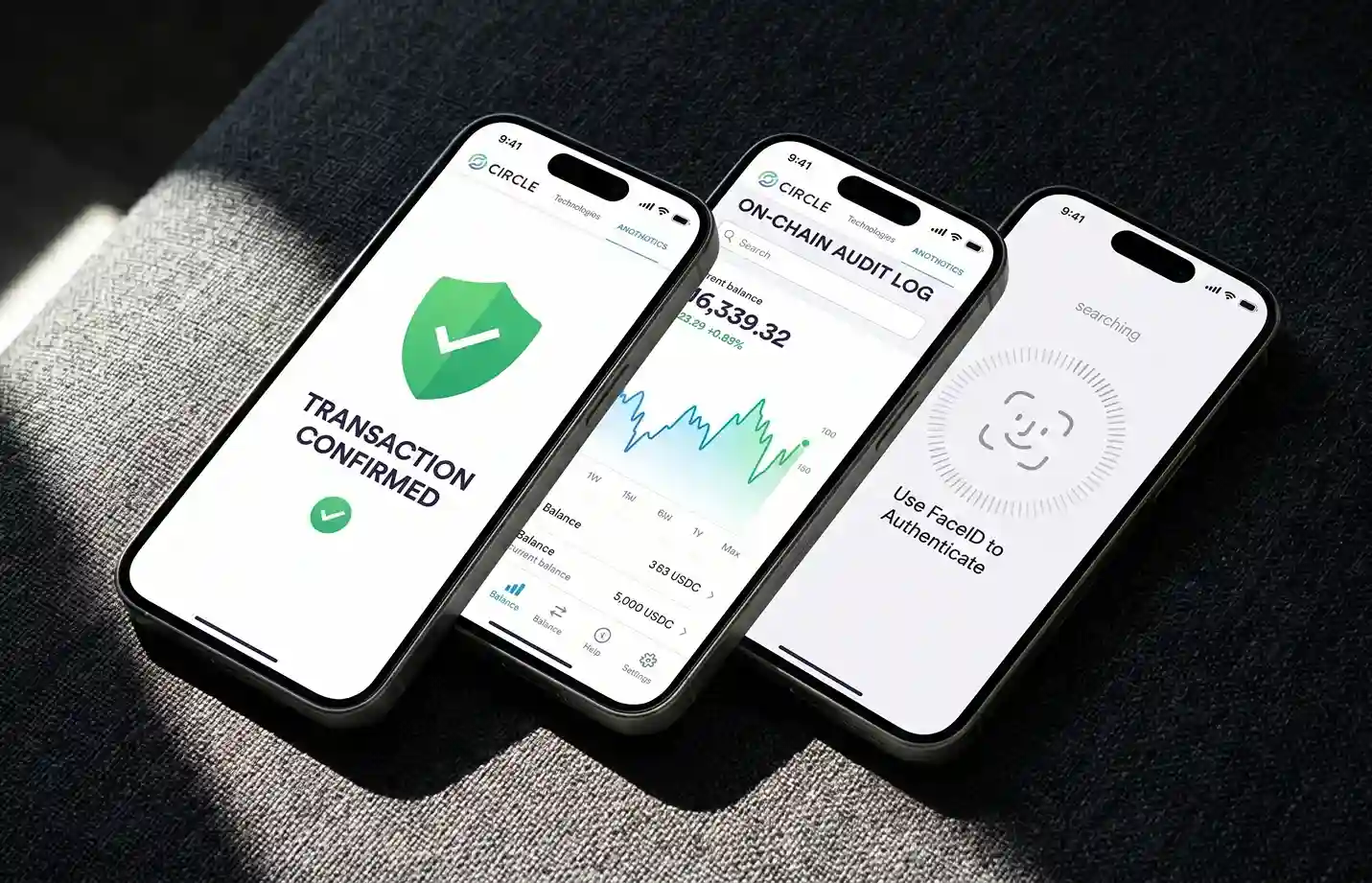 Three space grey iPhones overlapping on a charcoal fabric background, showing transaction confirmation, balance graphs, and FaceID authentication screens.