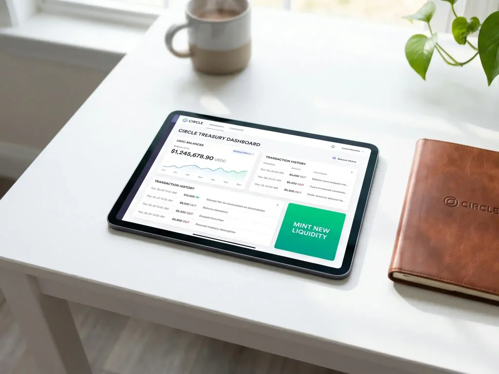 A high-resolution photo of a space grey tablet on a white desk showing a financial dashboard with USDC balances and a prominent green 'Mint New Liquidity' button.