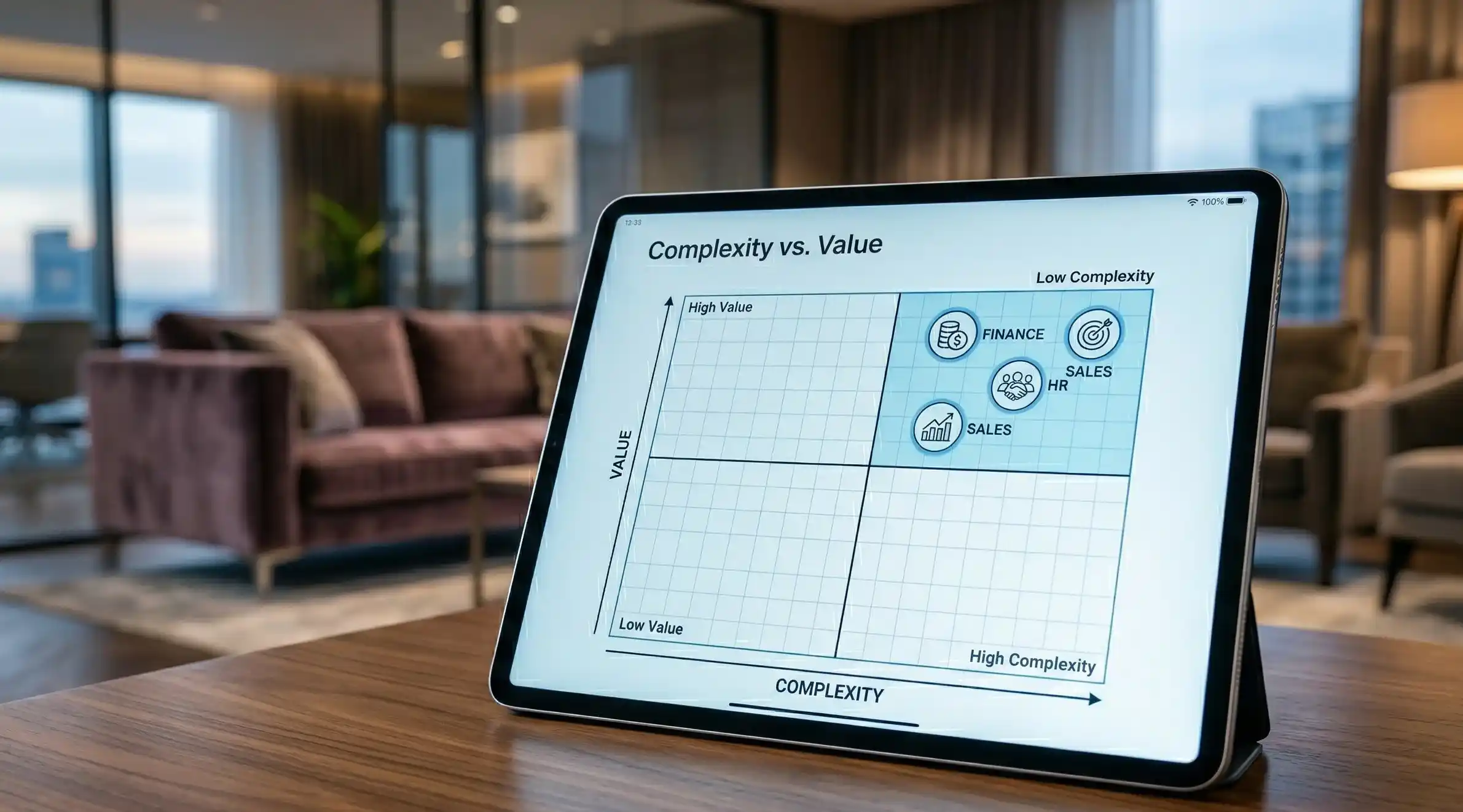 A close-up shot of a high-end tablet sitting on a wooden table in a blurred corporate lounge. The screen displays a "Complexity vs. Value" quadrant graph with icons for Finance, HR, and Sales positioned in the "High Value/Low Complexity" section.
