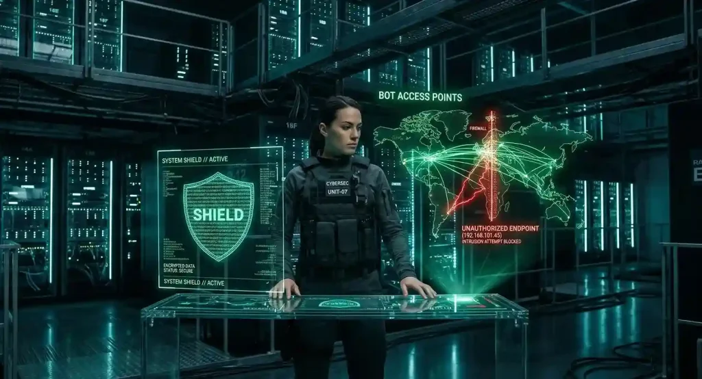 A wide-angle, hyper-realistic photograph of a dark server room with teal LEDs, featuring a security analyst at a transparent terminal observing a holographic map of bot access points and a digital shield icon.